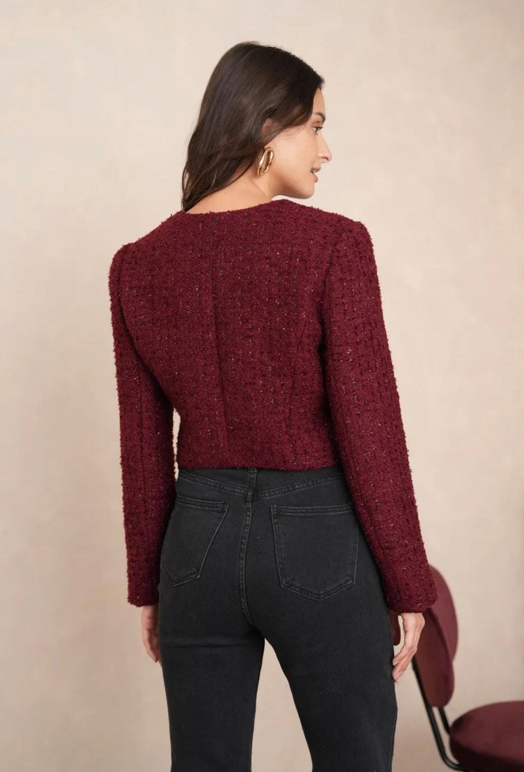 Bordeaux Damenblazer Bouclé Rückseite langarm elegant