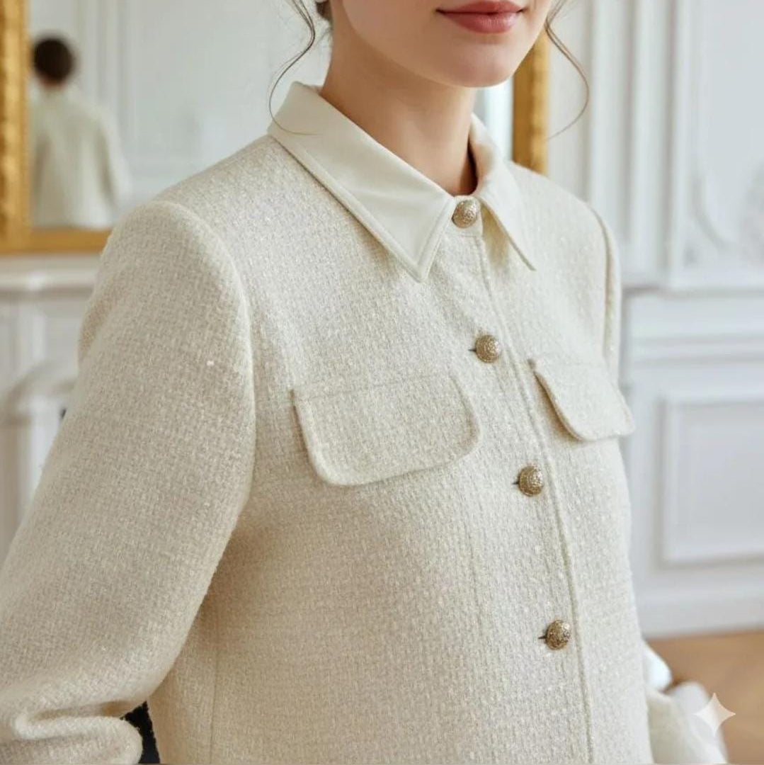 Detail des cremefarbenen Bouclé-Blazers mit Hemdkragen und hochwertiger Tweed-Struktur von STILESSENZ