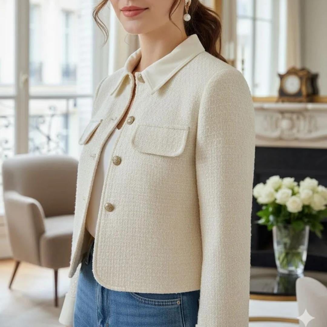 Cremefarbener Tweed-Blazer mit goldenen Knöpfen und Brusttaschen, Business-Look für Damen von STILESSENZ