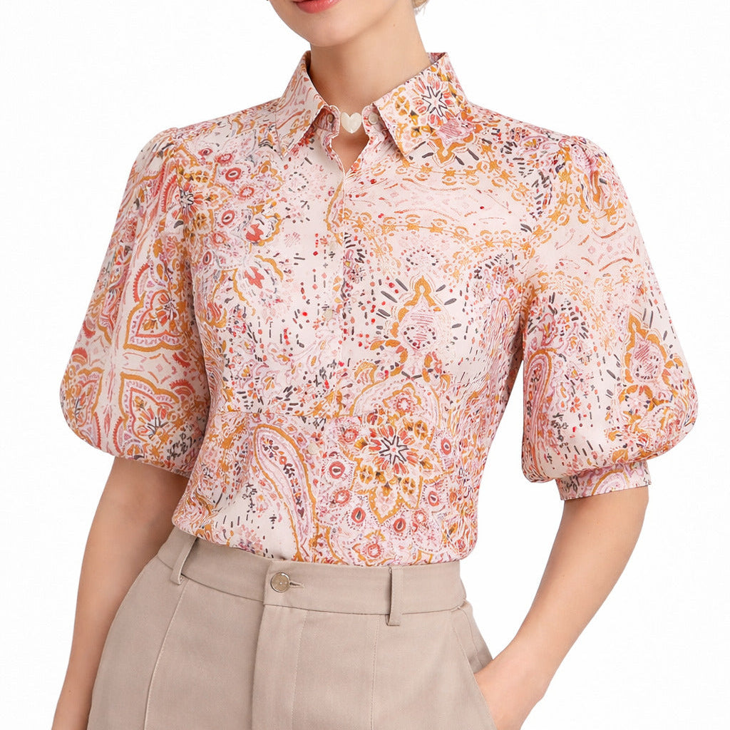 Damen Creme Baumwollbluse Paisley Mandala Print Boho mit Ballonärmeln Frontansicht