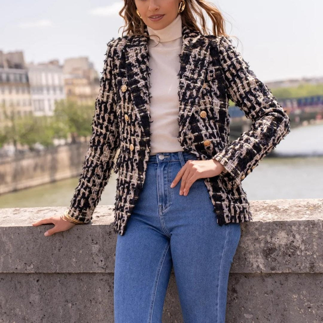 Damen Tweed Blazer kariert in Schwarz-Creme mit goldenen Knöpfen, eleganter Kurzblazer