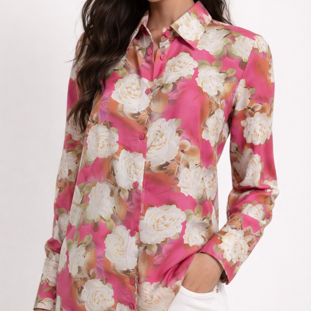 Frontansicht-Damenbluse-Blumenprint-Pink