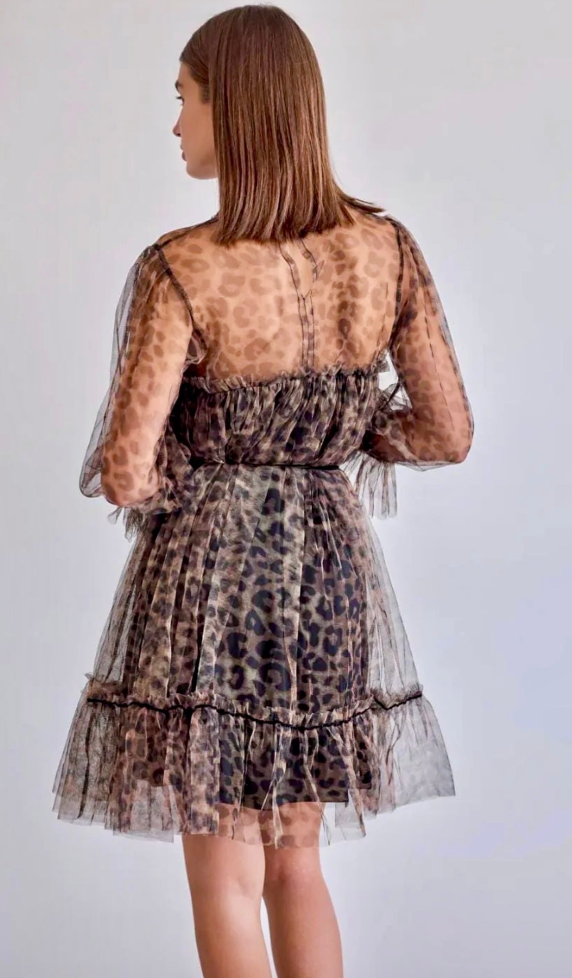 Damen Kleid Leopardmuster Chiffon, Rückansicht vom eleganten Langarmkleid mit transparenten Details