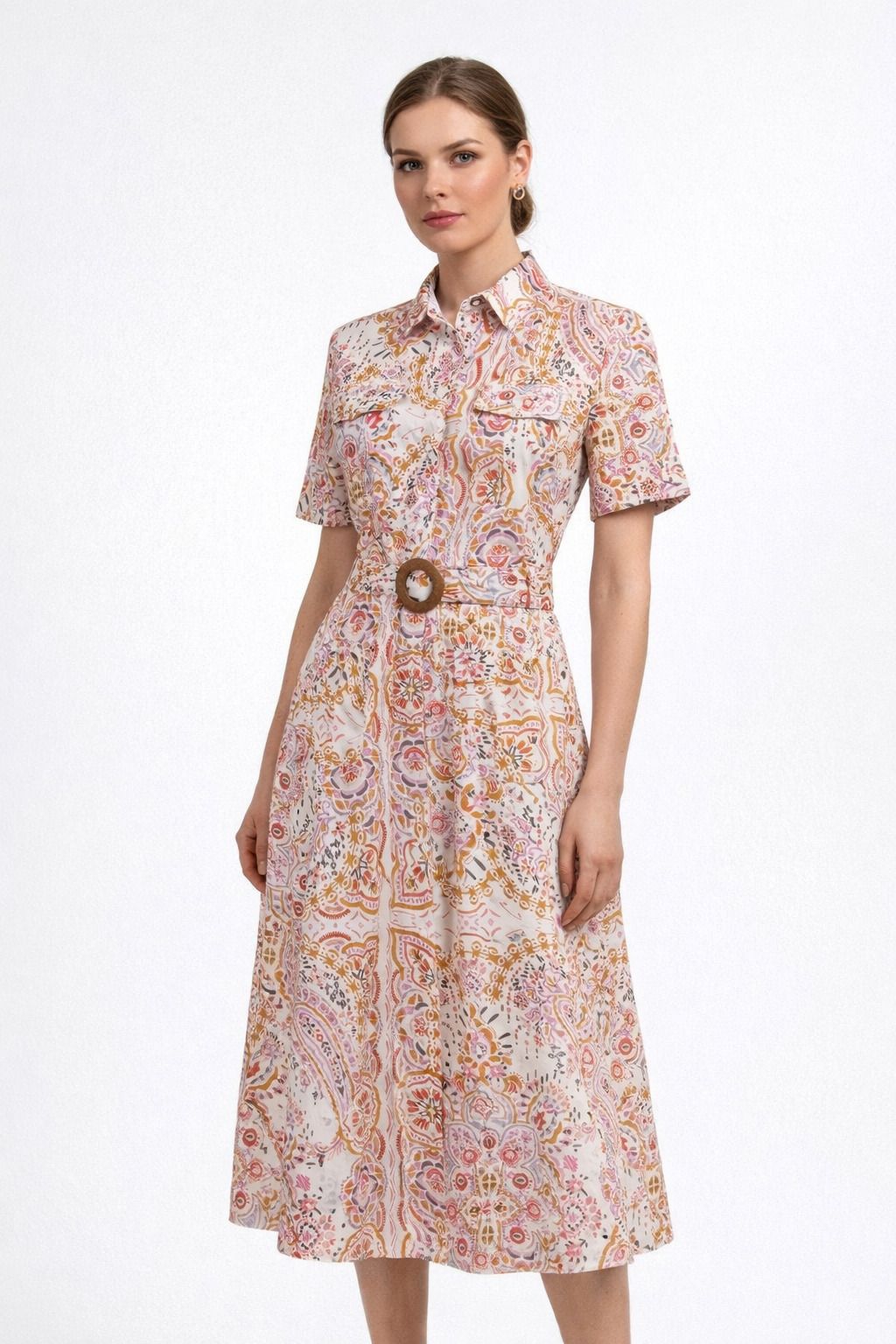 Damen Creme Hemdblusenkleid Paisley Boho Print Midi A-Linie mit Taillengürtel Holzschnalle Frontansicht