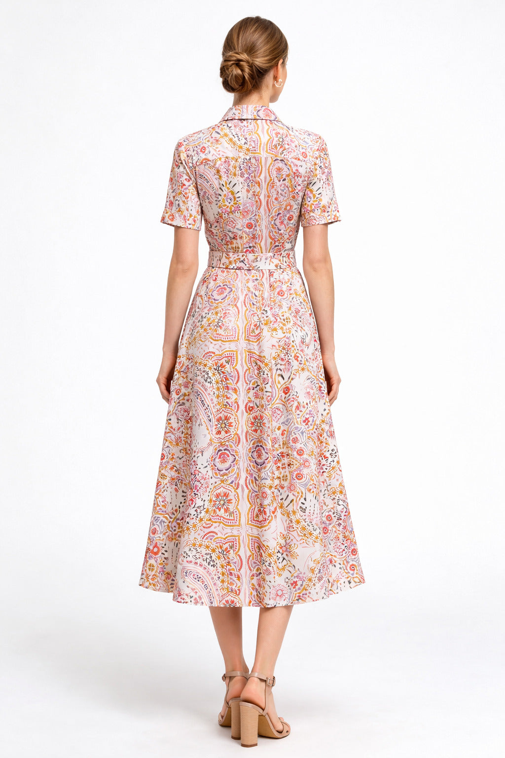 Damen Creme Hemdblusenkleid Paisley Boho Print Midi A-Linie mit Taillengürtel Holzschnalle Rückenansicht