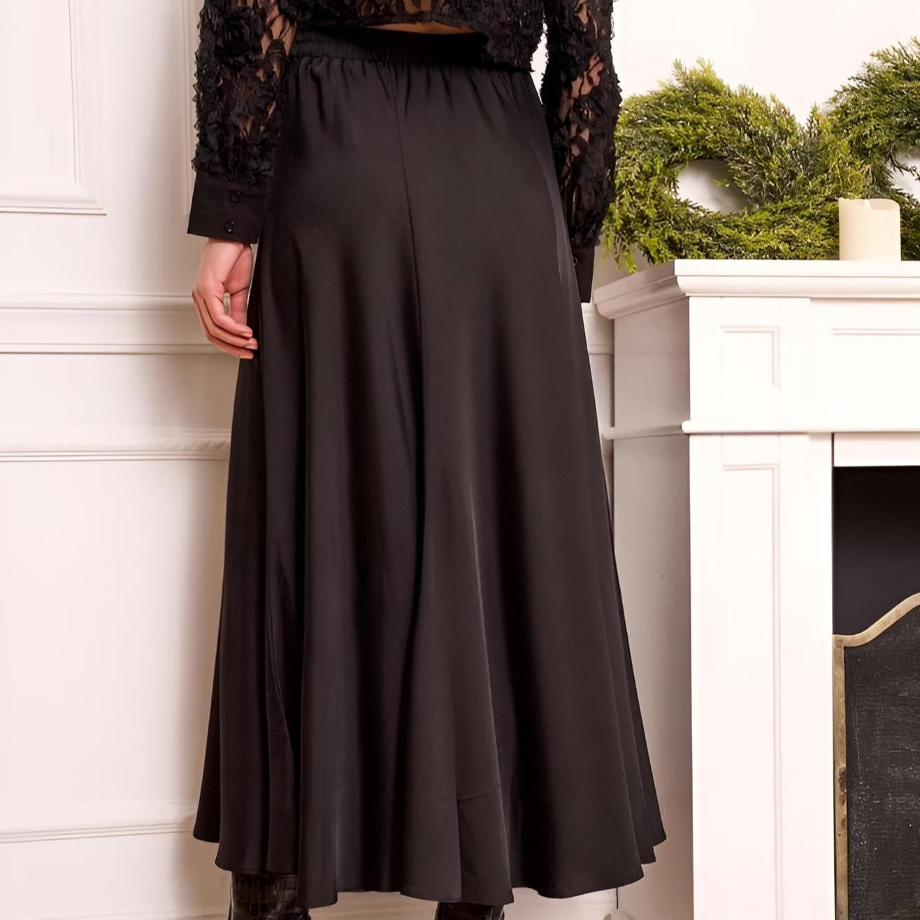 Eleganter Damen Satinrock Schwarz – Fließender Midi Rock
