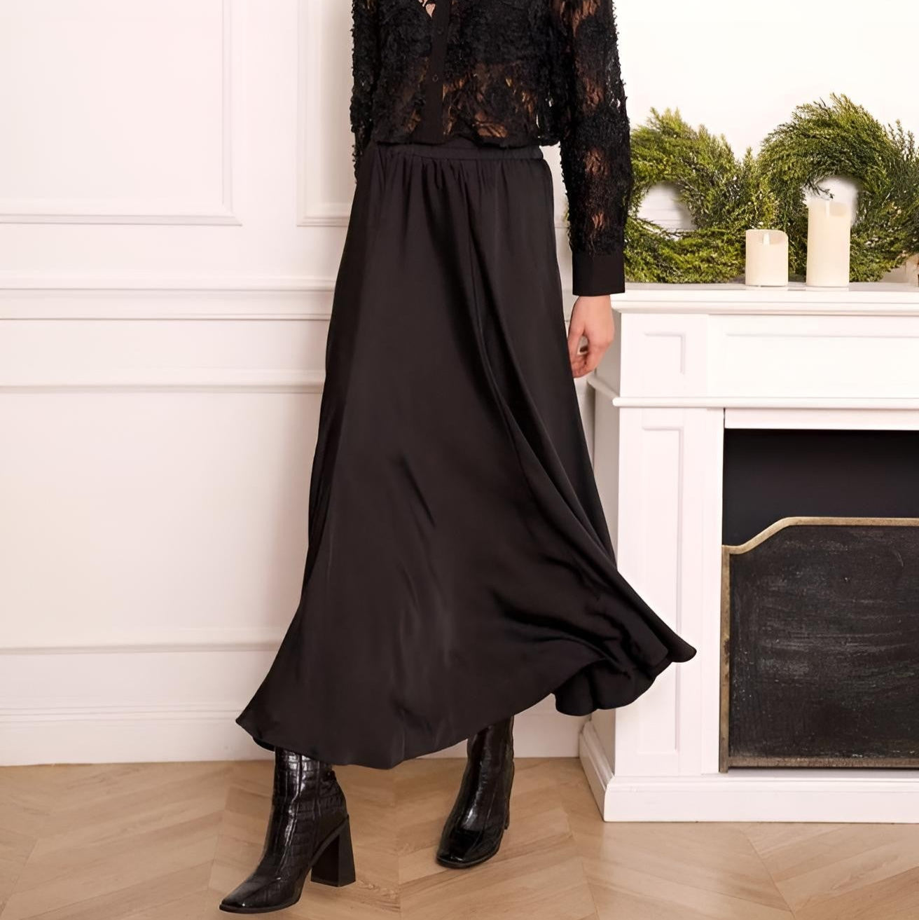 Eleganter Damen Satinrock Schwarz – Fließender Midi Rock