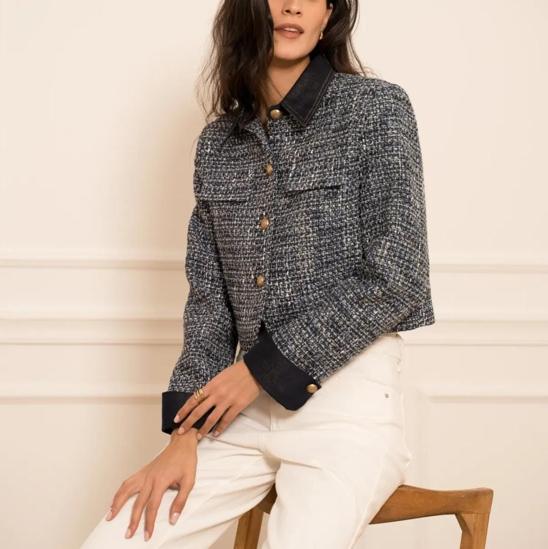 Navy Damen Tweed-Blazer mit Denim-Details in elegantem Business-Look als formstabile Bouclé-Jacke vielseitig kombinierbar