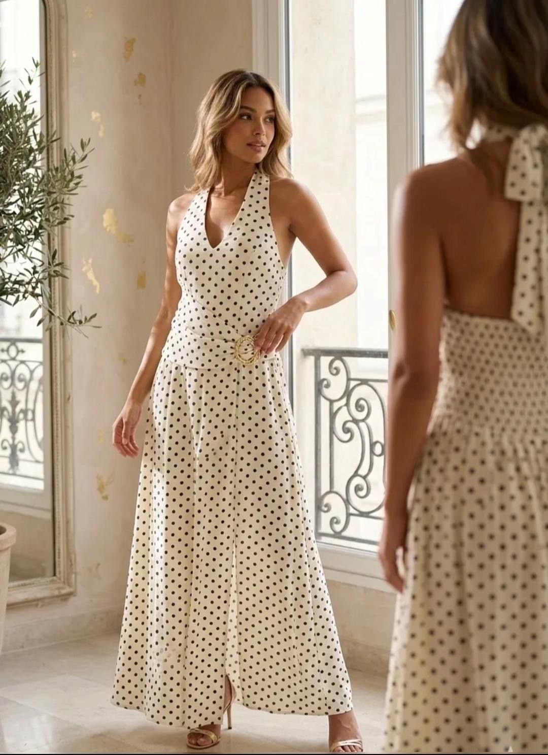 Neckholder Maxi-Kleid Creme Gepunktet