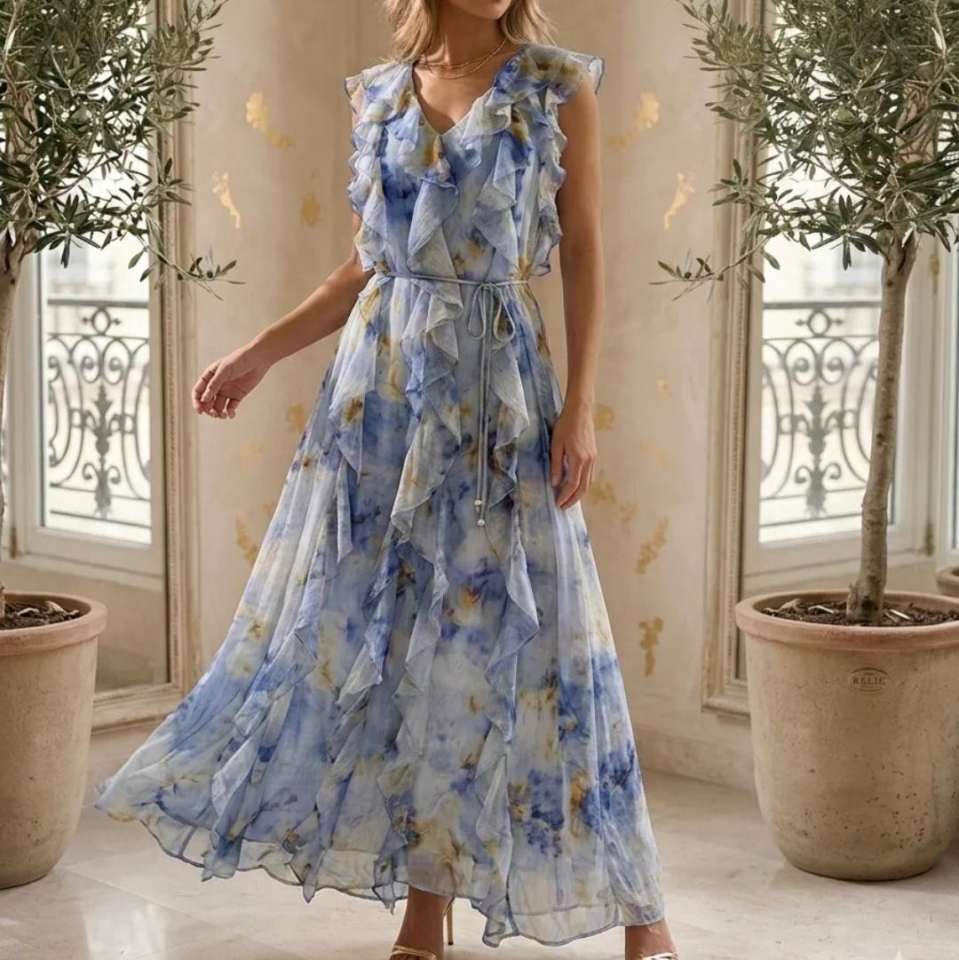 Rüschen Maxi-Kleid Blau Floral für Damen mit Bindegürtel und V Ausschnitt in voller Länge