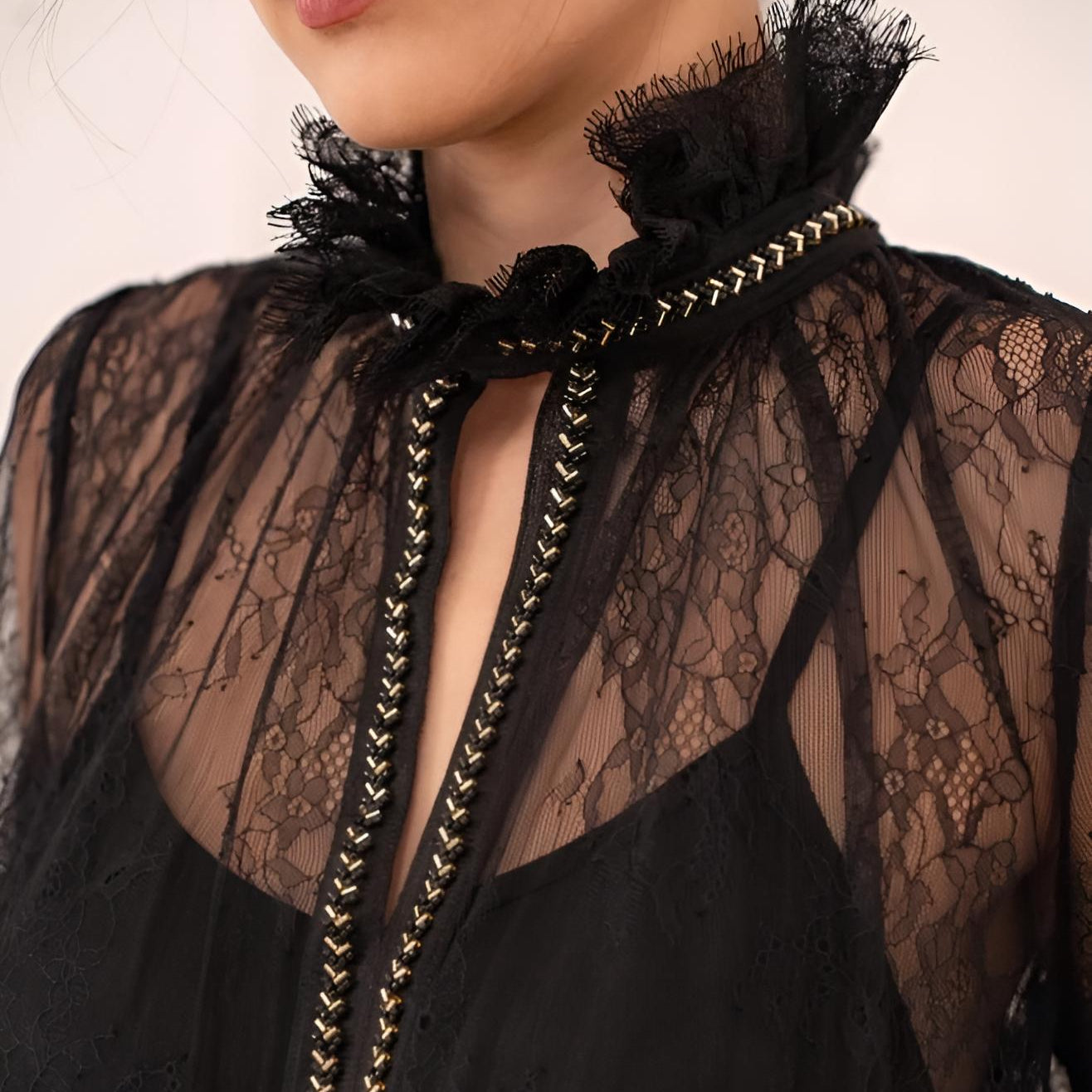 Detailaufnahme des Rüschenkragens und der silbernen Akzente einer schwarzen transparenten Spitzenbluse