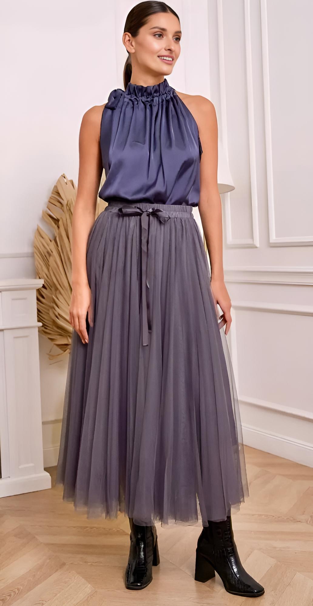 Eleganter Damen Tüllrock Grau – Fließender Midi Rock