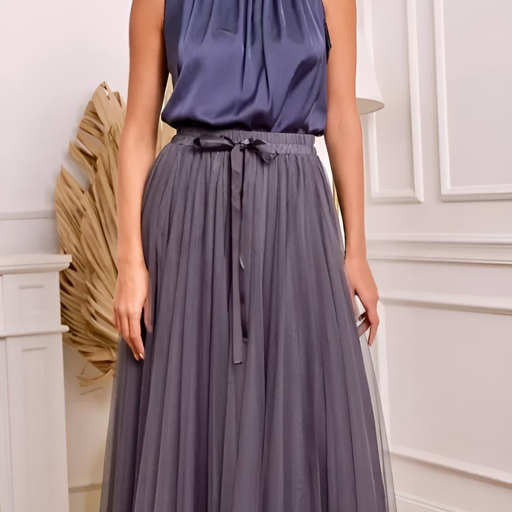 Eleganter Damen Tüllrock Grau – Fließender Midi Rock