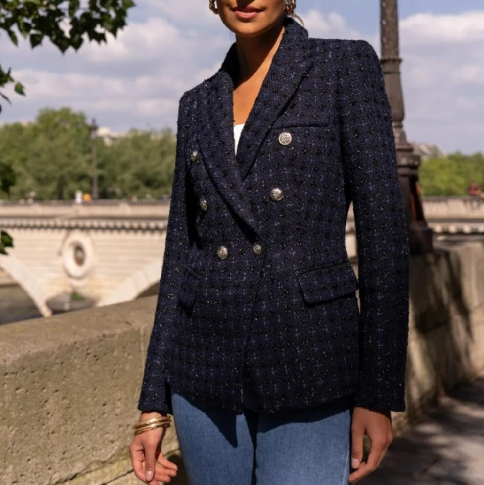 Damen Blazer dunkelblau Doppelreiher mit silbernen Knöpfen, elegante Vorderansicht