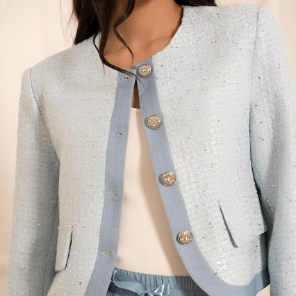 Bouclé Blazer Hellblau - Kurze Damen Jacke Französischer Stil