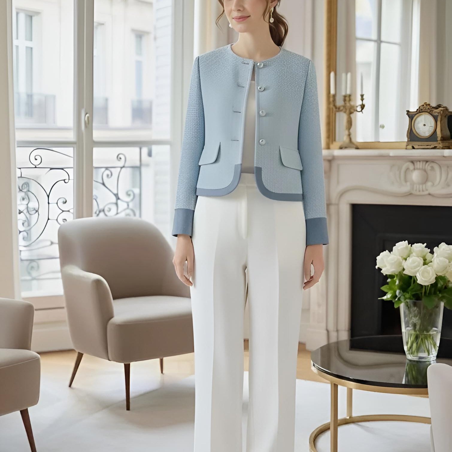 Hellblauer kurzer Bouclé Blazer im französischen Stil - Frontansicht mit Knopfleiste und aufgesetzten Taschen, kombiniert mit weißer Marlene-Hose