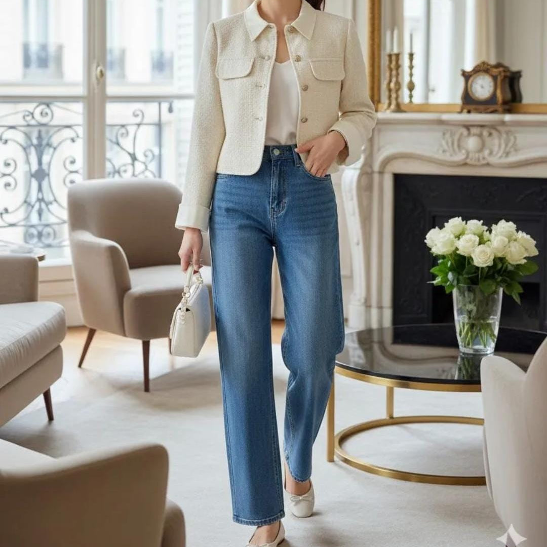 Cremefarbener Tweed-Blazer kombiniert mit weißem Top und Jeans, eleganter Business-Casual Look von STILESSENZ