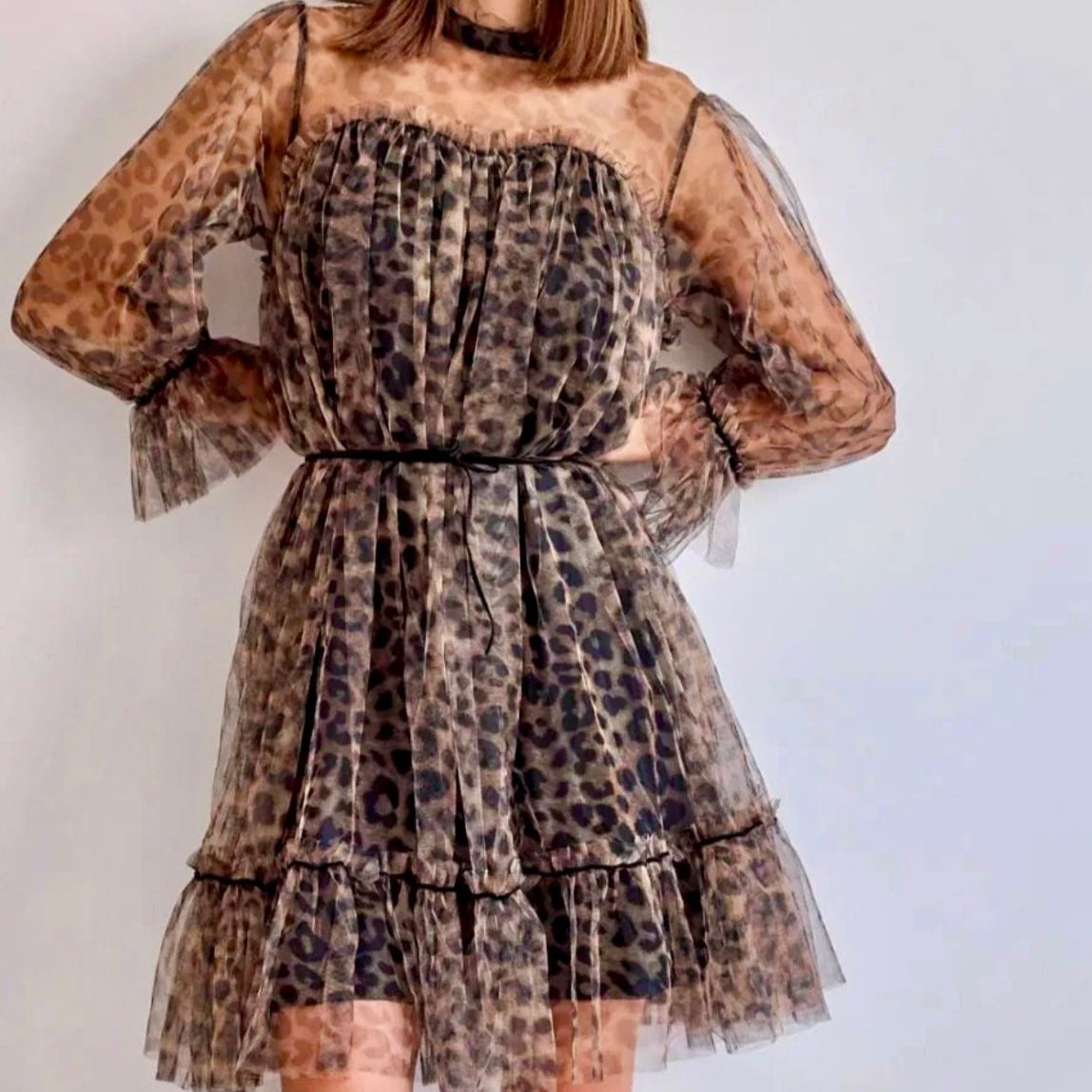 Damen Kleid mit Leopardmuster aus Chiffon, elegantes Langarmkleid für Alltag und Party