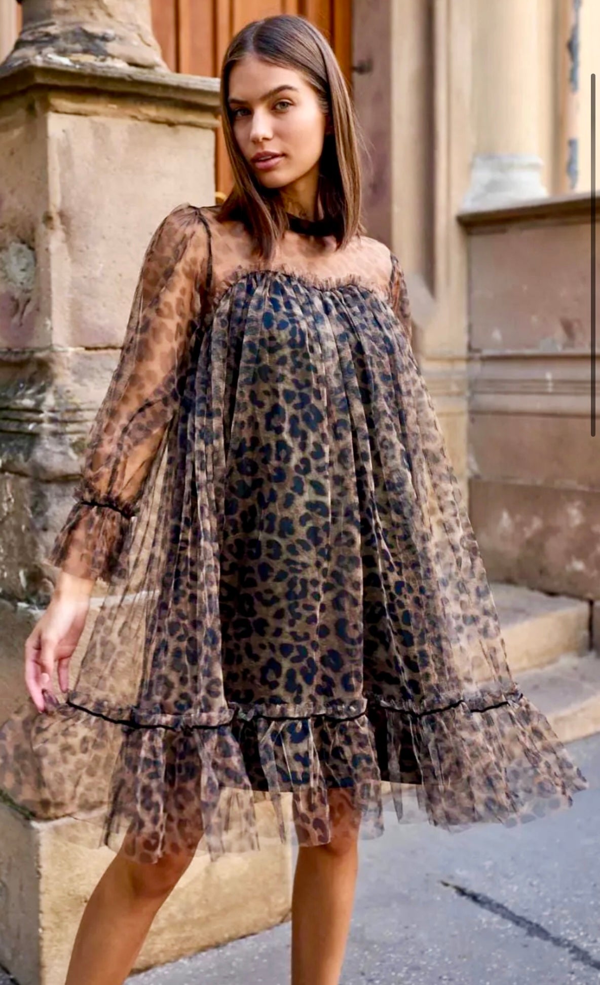 Leo Kleid Damen in Chiffon, elegantes langärmeliges Kleid mit Rüschen und Bindegürtel