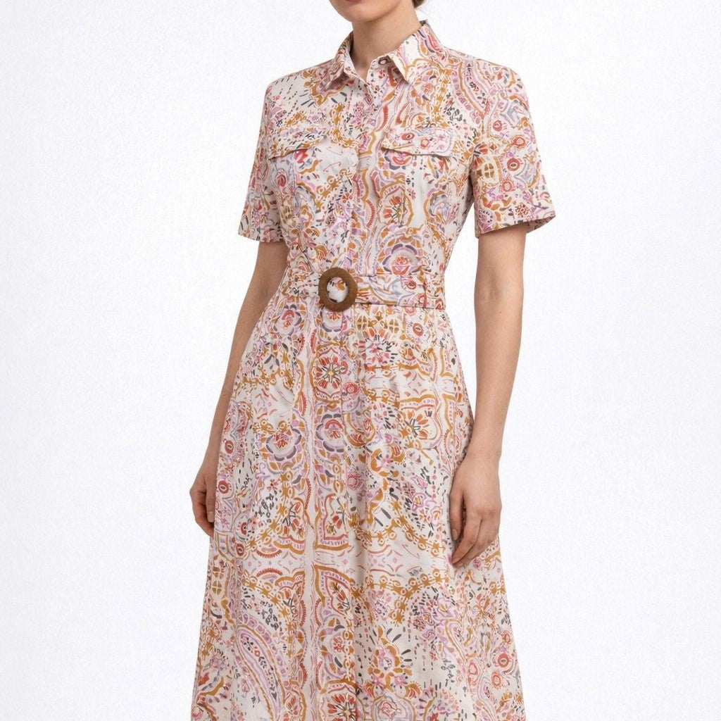 Damen Creme Hemdblusenkleid Paisley Boho Print Midi A-Linie mit Taillengürtel Holzschnalle Frontansicht