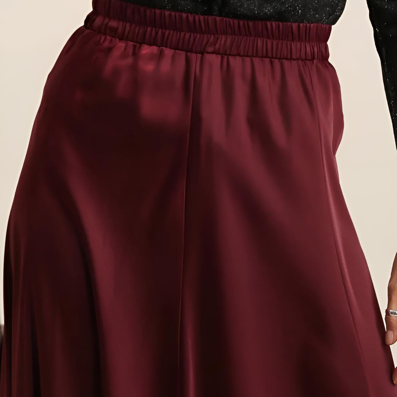 Eleganter Damen Satinrock Bordeaux – Fließender Midi Rock