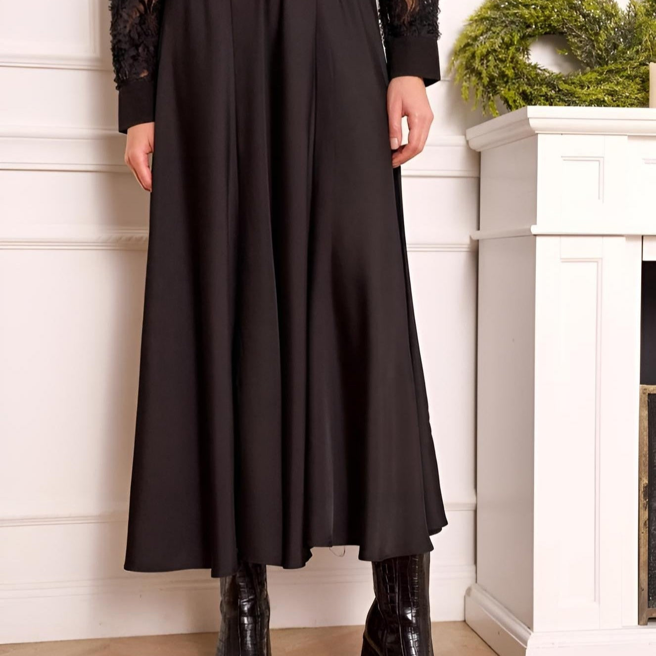 Eleganter Damen Satinrock Schwarz – Fließender Midi Rock