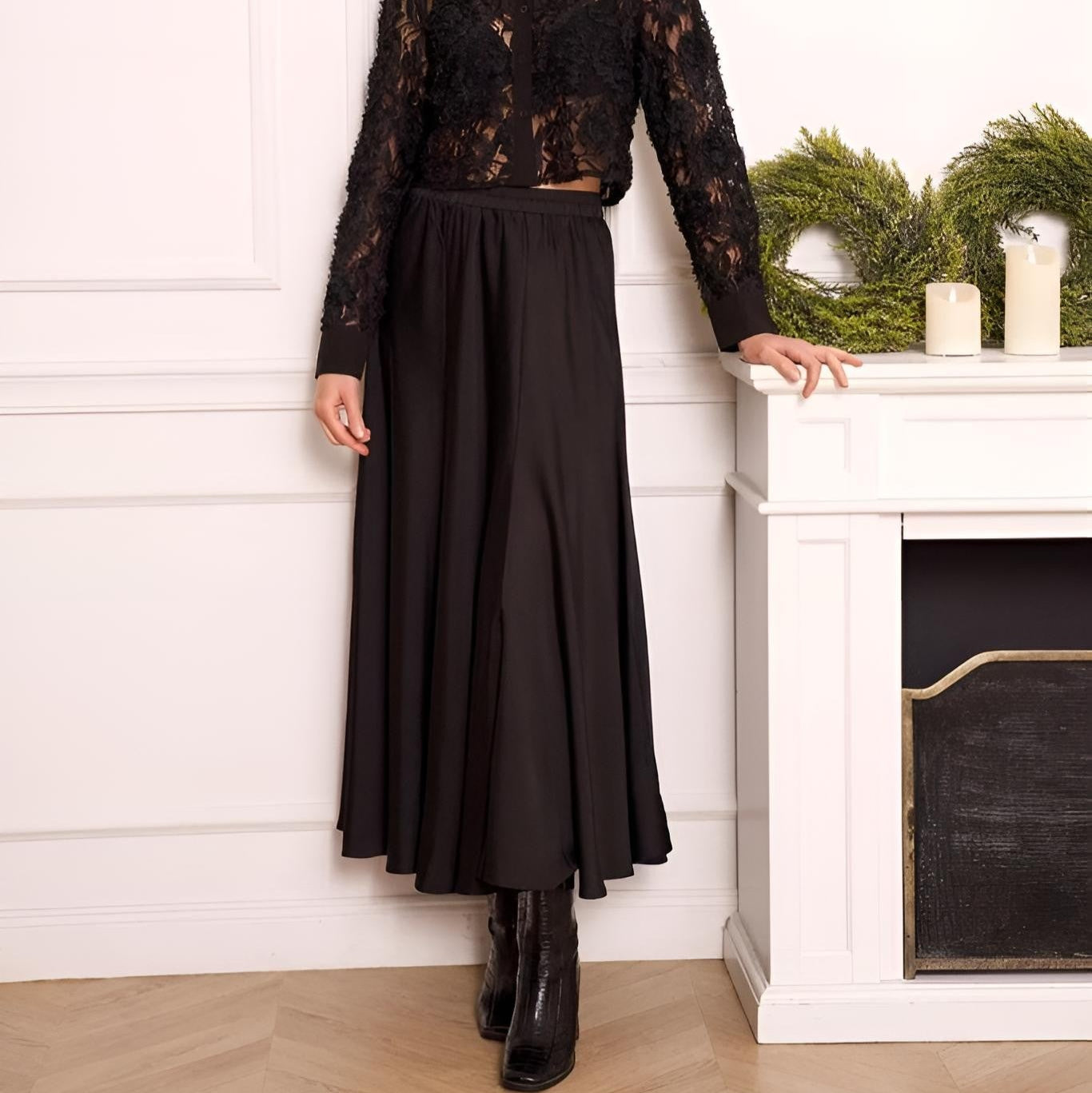 Eleganter Damen Satinrock Schwarz – Fließender Midi Rock