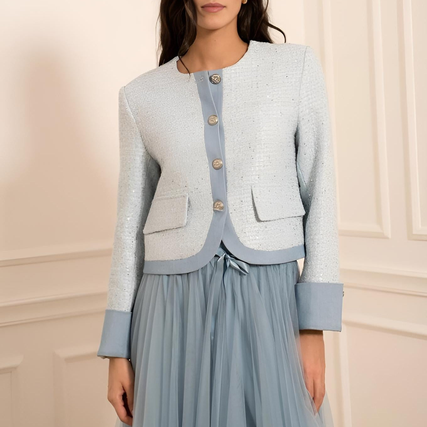 Bouclé Blazer Hellblau - Kurze Damen Jacke Französischer Stil
