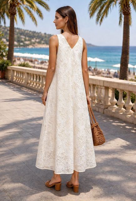 Elegantes Creme Sommerkleid mit Blumen-Stickerei – Rückansicht mit Meerblick und Palmen